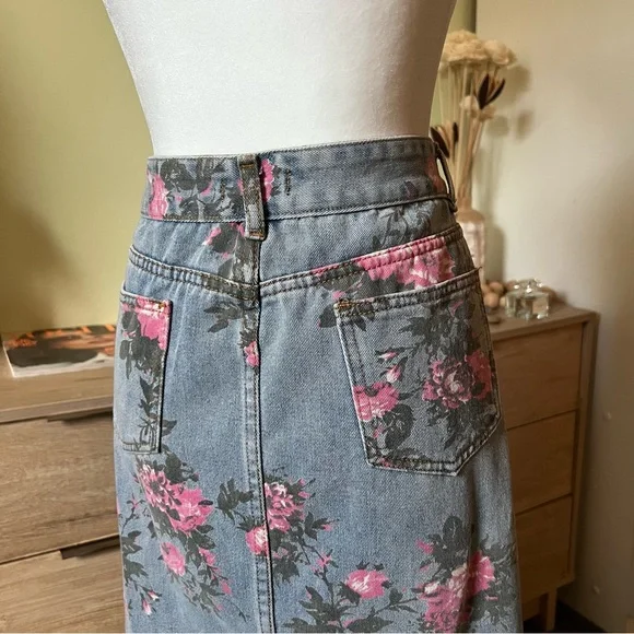 Vintage Cotton Denim Pink Wild Rose Floral Midi Maxi Side Slit High-Waist Skirt - Picture 9 of 16